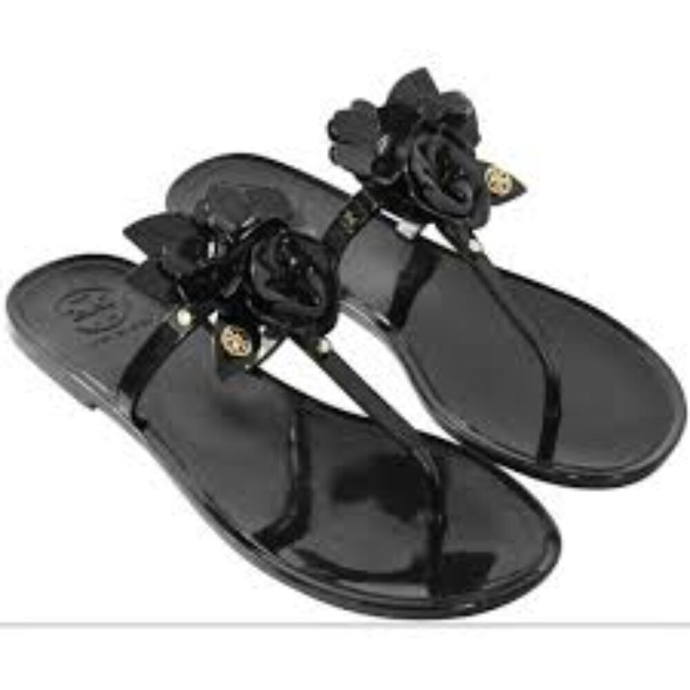 Tory Burch Black Floral Women's Jelly Sandals Size 8